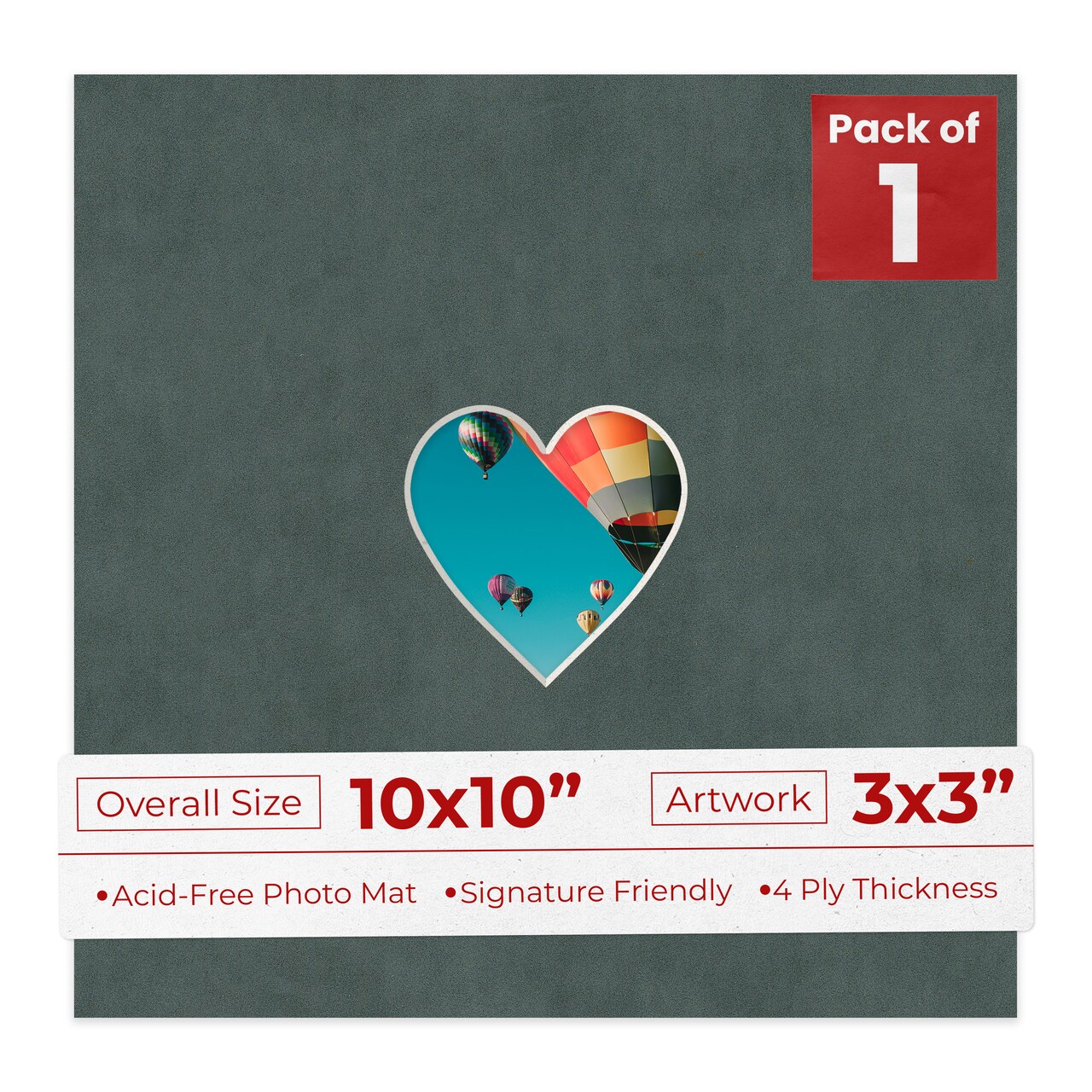 Dark Grey Suede Mat Board for 10x10 Frames - Heart Opening for 3x3 Photos